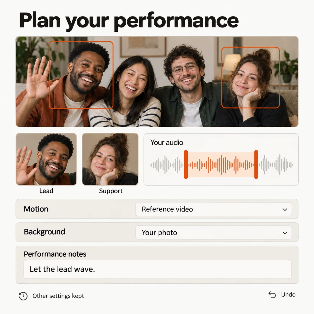 Interface concept showing two people selected from a group photo, lead and support roles, an audio segment, separate motion and background sources, and undo.