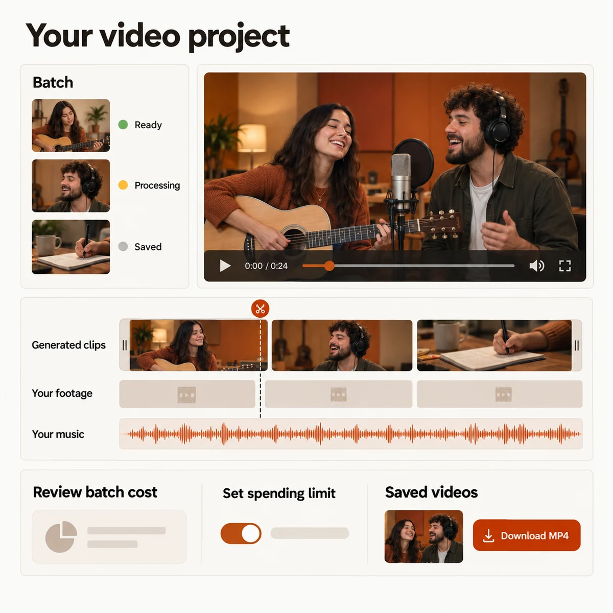 Interface concept showing batch tasks, a timeline combining generated clips and personal footage, a music track, budget controls, and saved MP4 downloads.